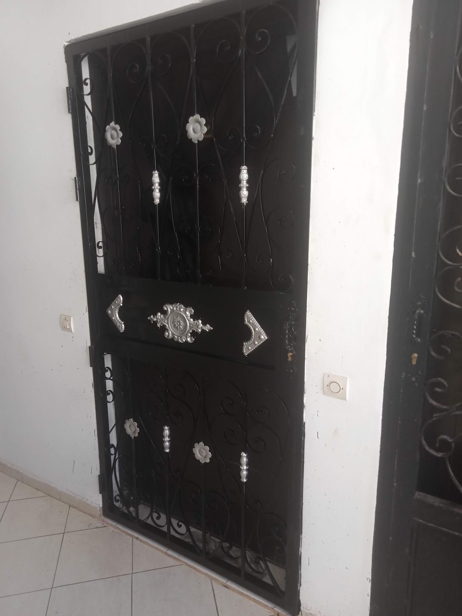Grille de porte en fer forgé noir à volutes et fleurons argentés