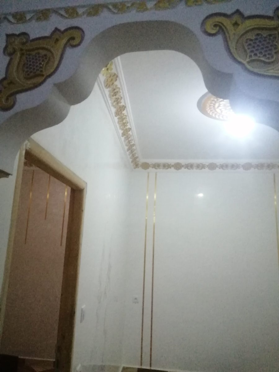 Murs en enduit nacré à filets dorés et plafond à médaillon moucharabieh