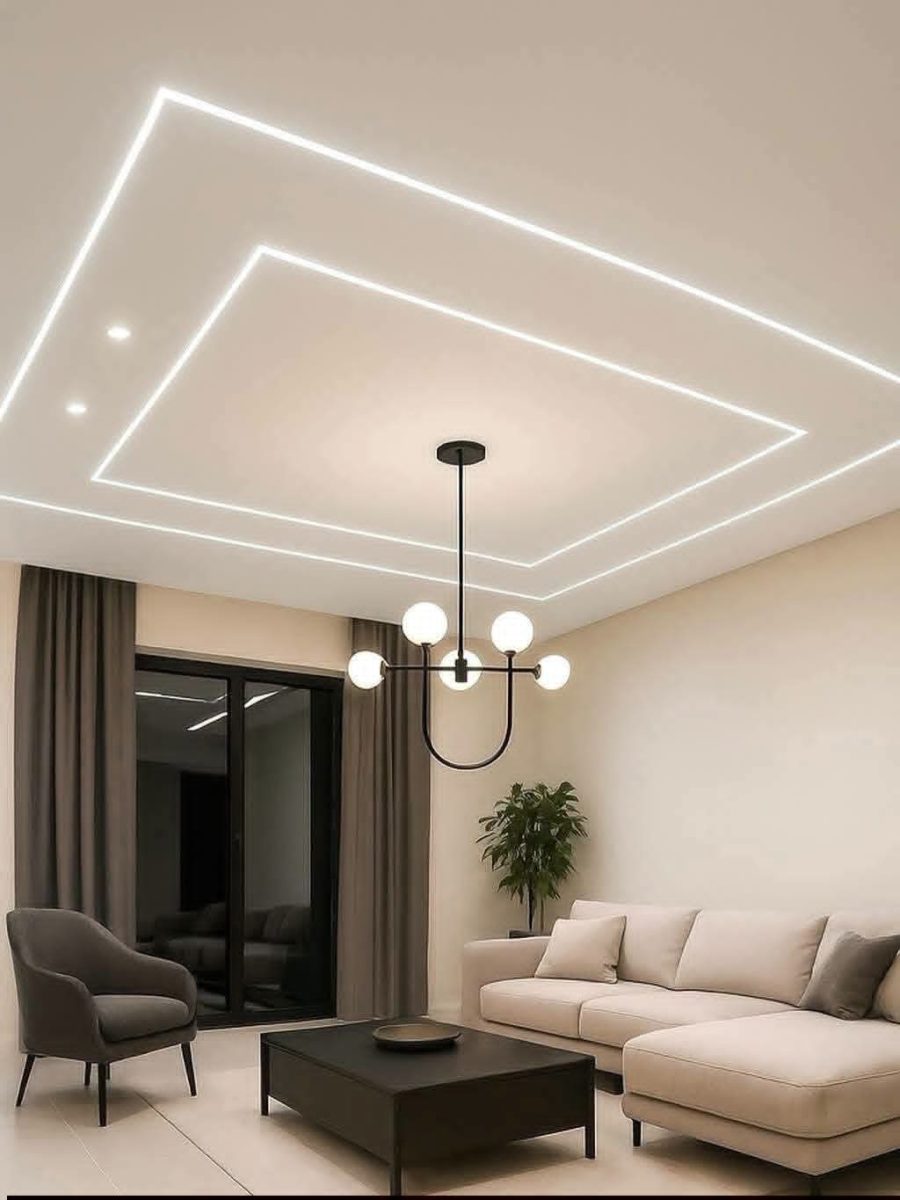 Salon à faux plafond à double cadre de lignes lumineuses LED