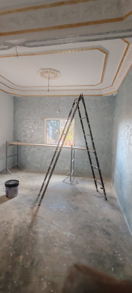 Pièce à plafond mouluré et murs en enduit décoratif bleu-gris, en cours