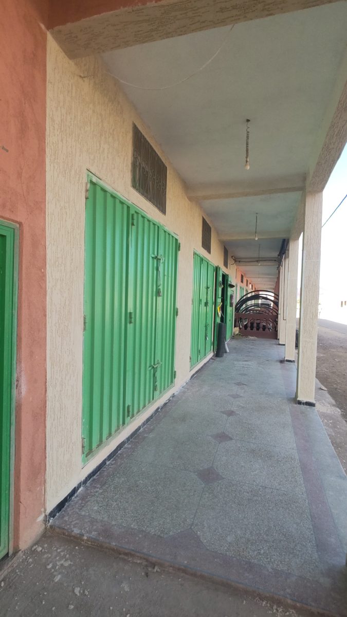 Coursive de commerces aux portes métalliques peintes en vert