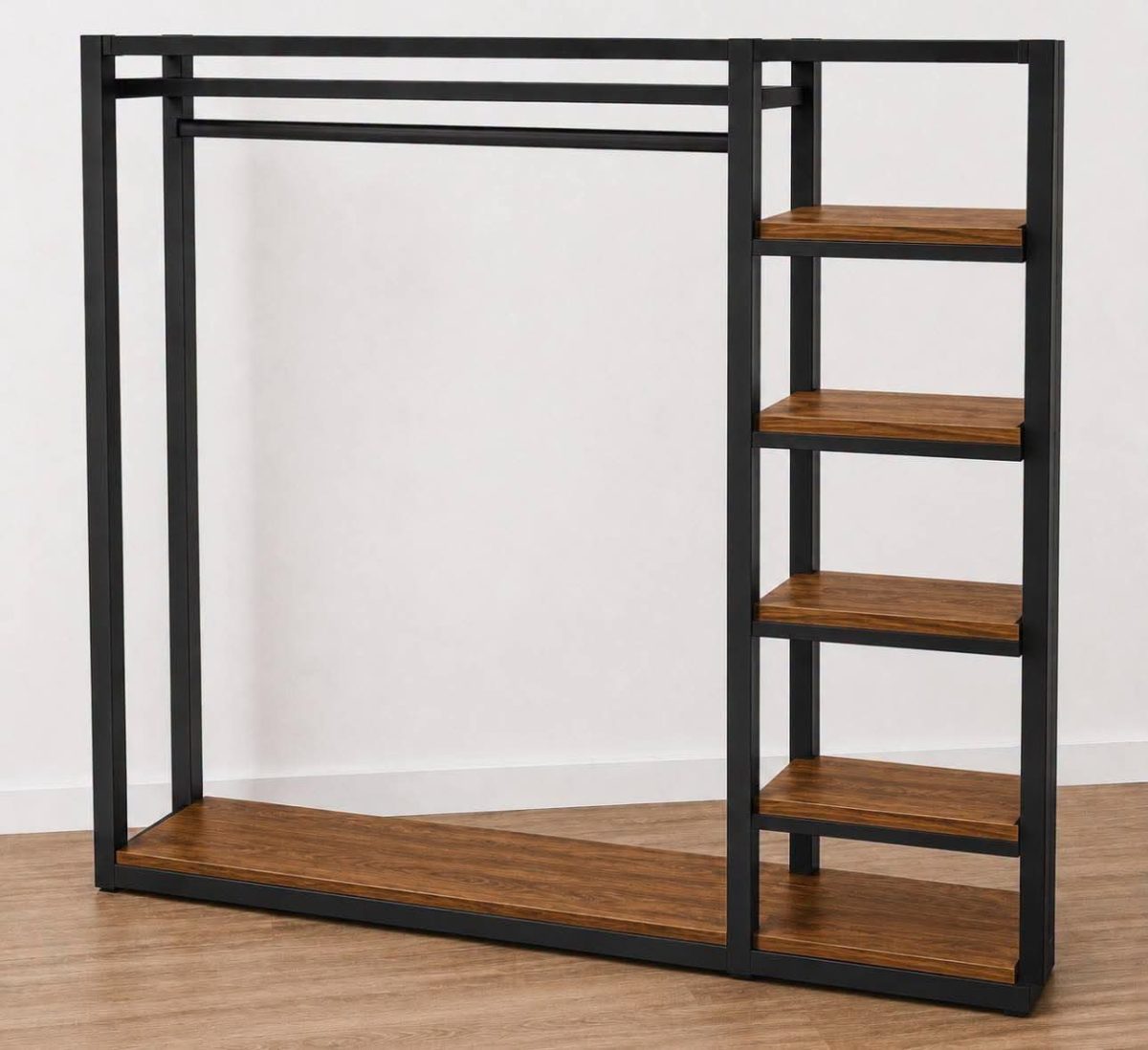 Portant-dressing métallique noir à étagères en bois