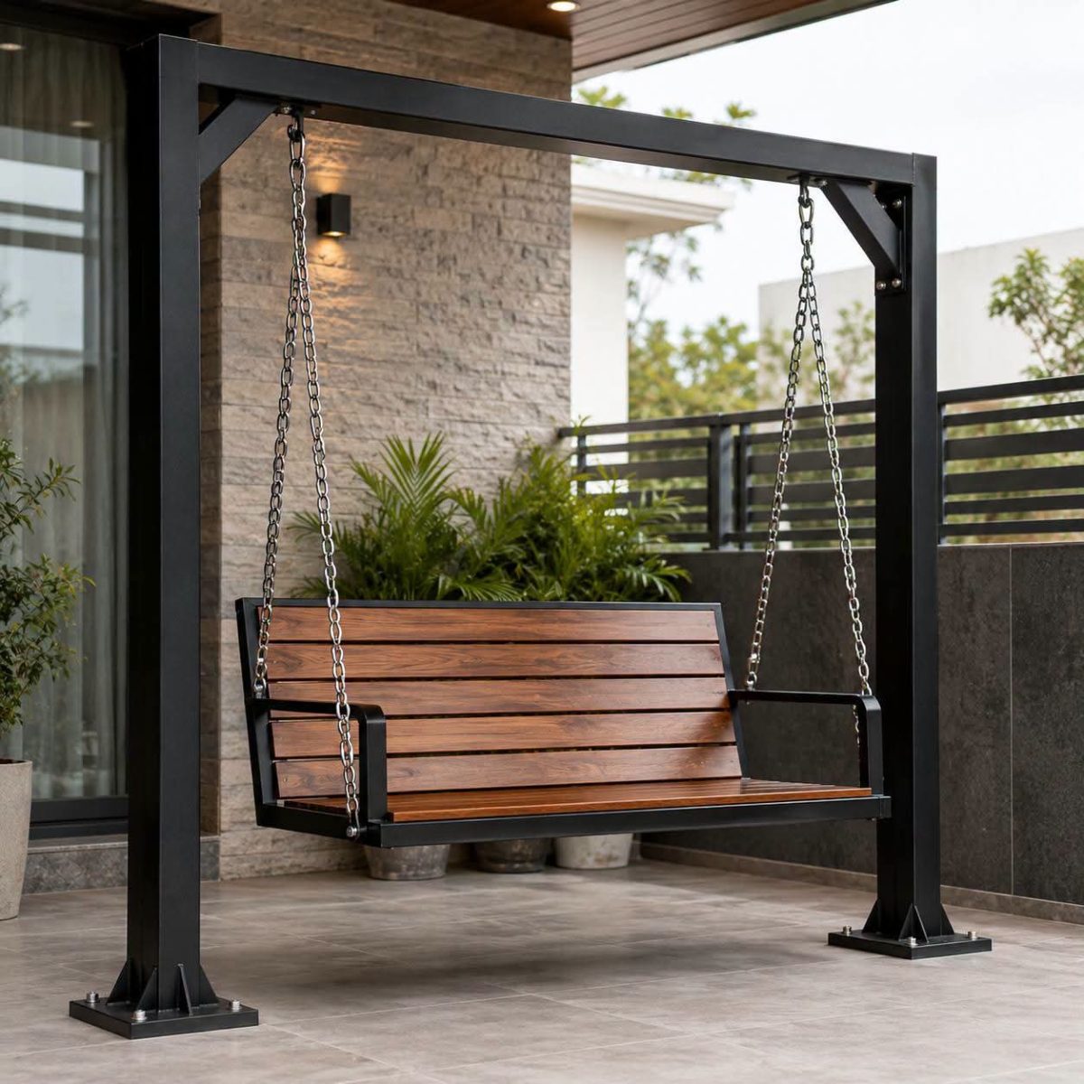 Balancelle de terrasse à structure métallique noire et assise en bois