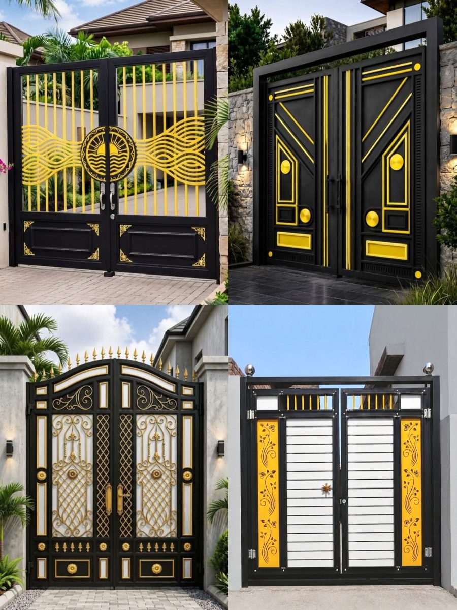 Montage de portails d'entrée en métal noir à motifs dorés