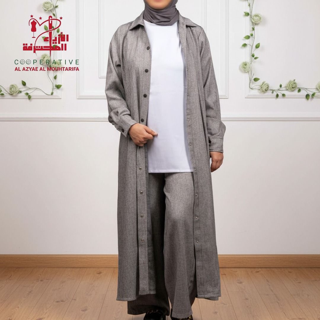Ensemble femme gilet-chemise et pantalon en tissu gris chiné