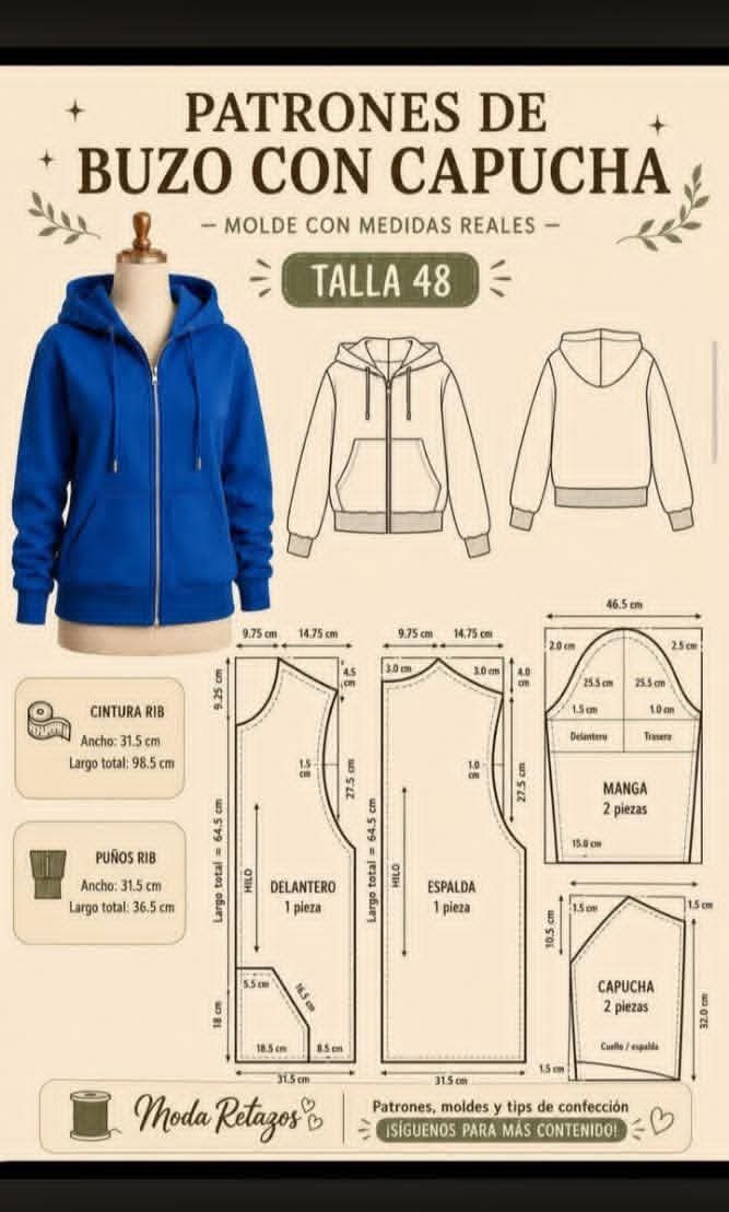 Planche de patron de couture d'un sweat à capuche
