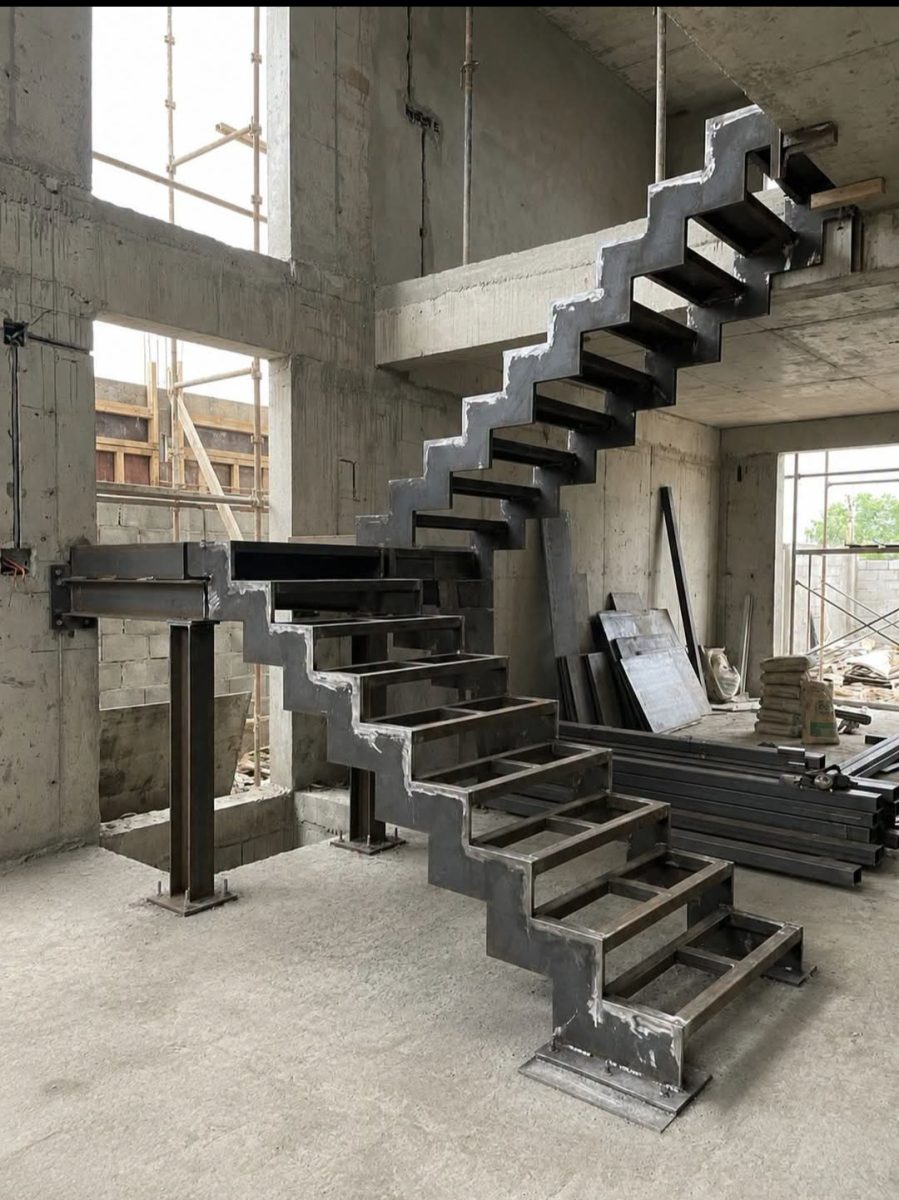 Ossature d'escalier métallique soudé, en cours de montage
