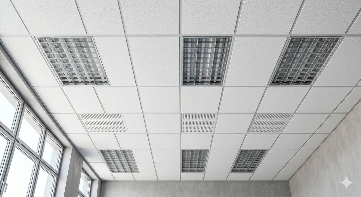 Faux plafond suspendu blanc en dalles à luminaires encastrés