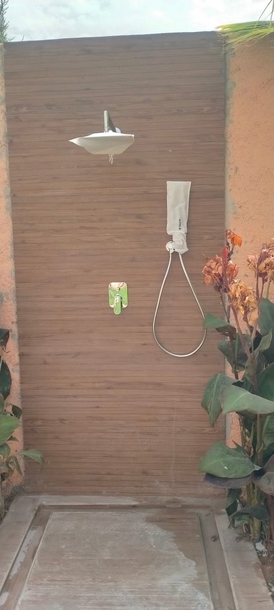 Douche extérieure de jardin à mur en lames composite