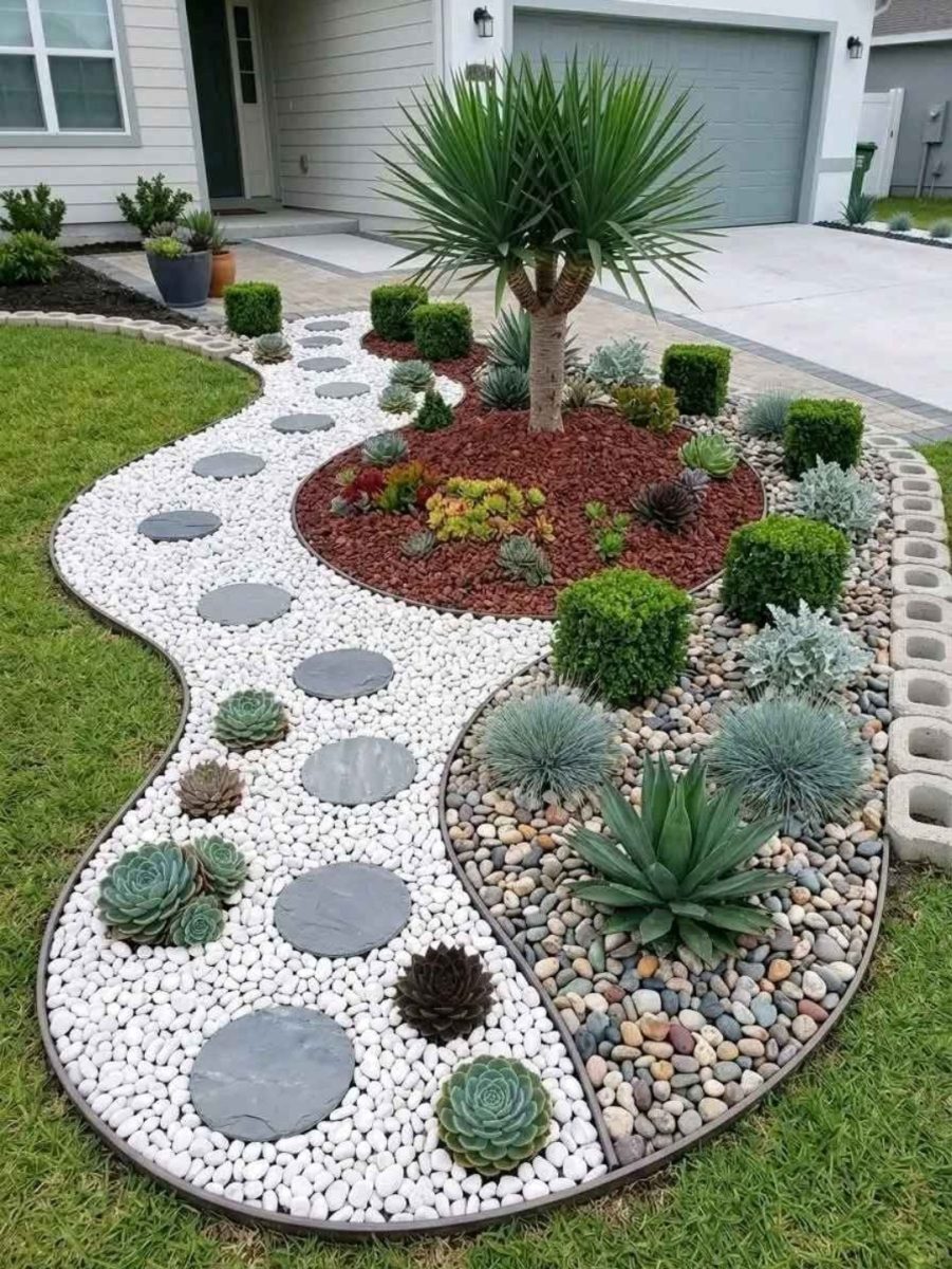 Jardin de rocaille à pas japonais et succulentes