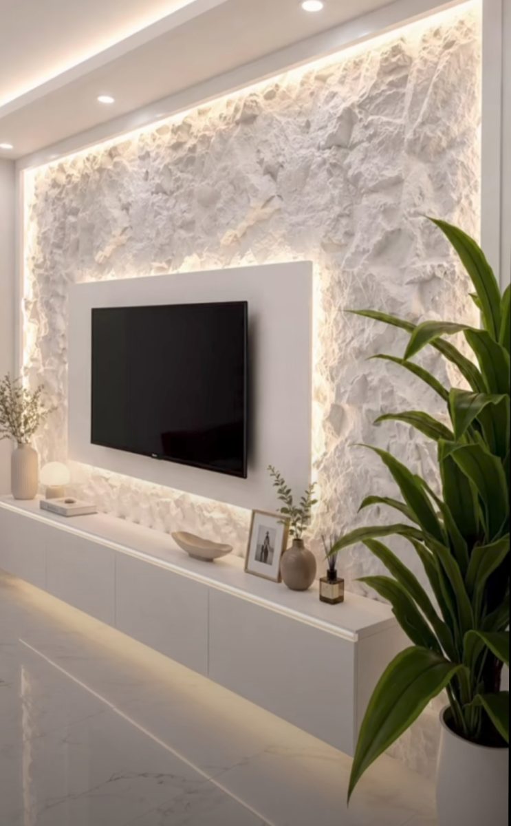 Séjour à mur TV en pierre blanche rétro-éclairé