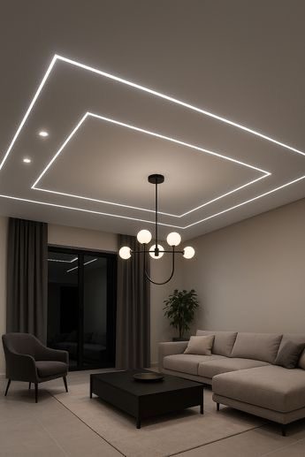 Séjour à faux plafond à cadre LED et suspension à boules