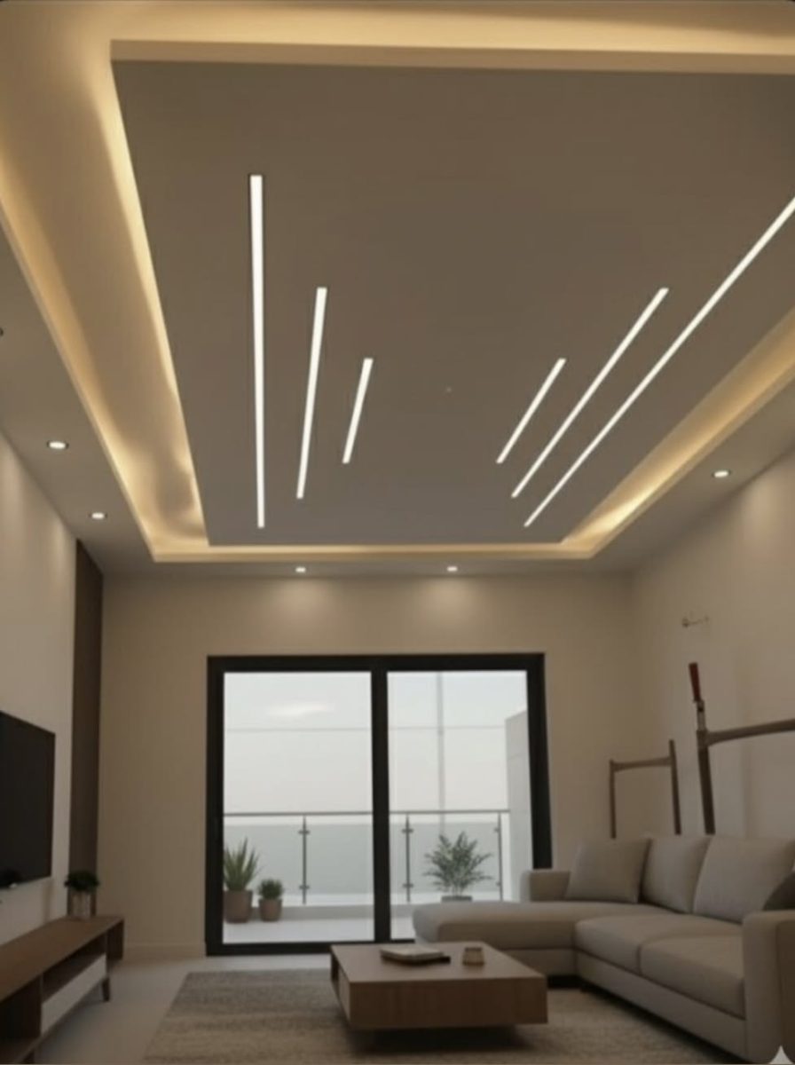 Séjour à faux plafond à lignes lumineuses LED en eventail
