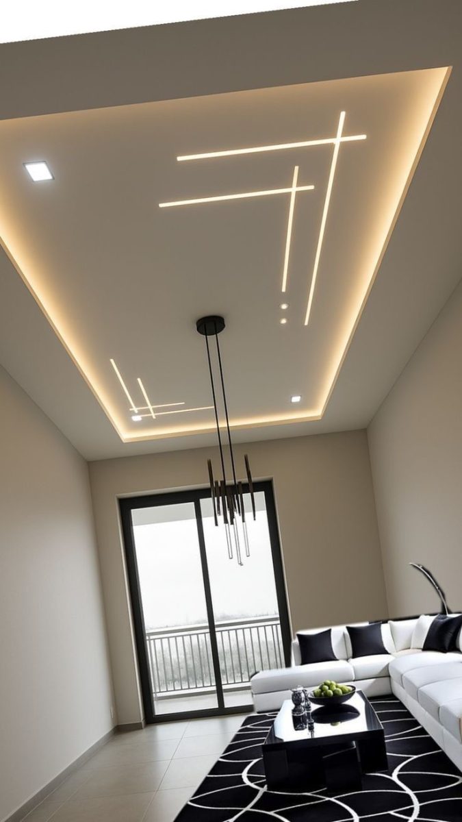 Séjour à faux plafond à lignes LED croisées et suspension