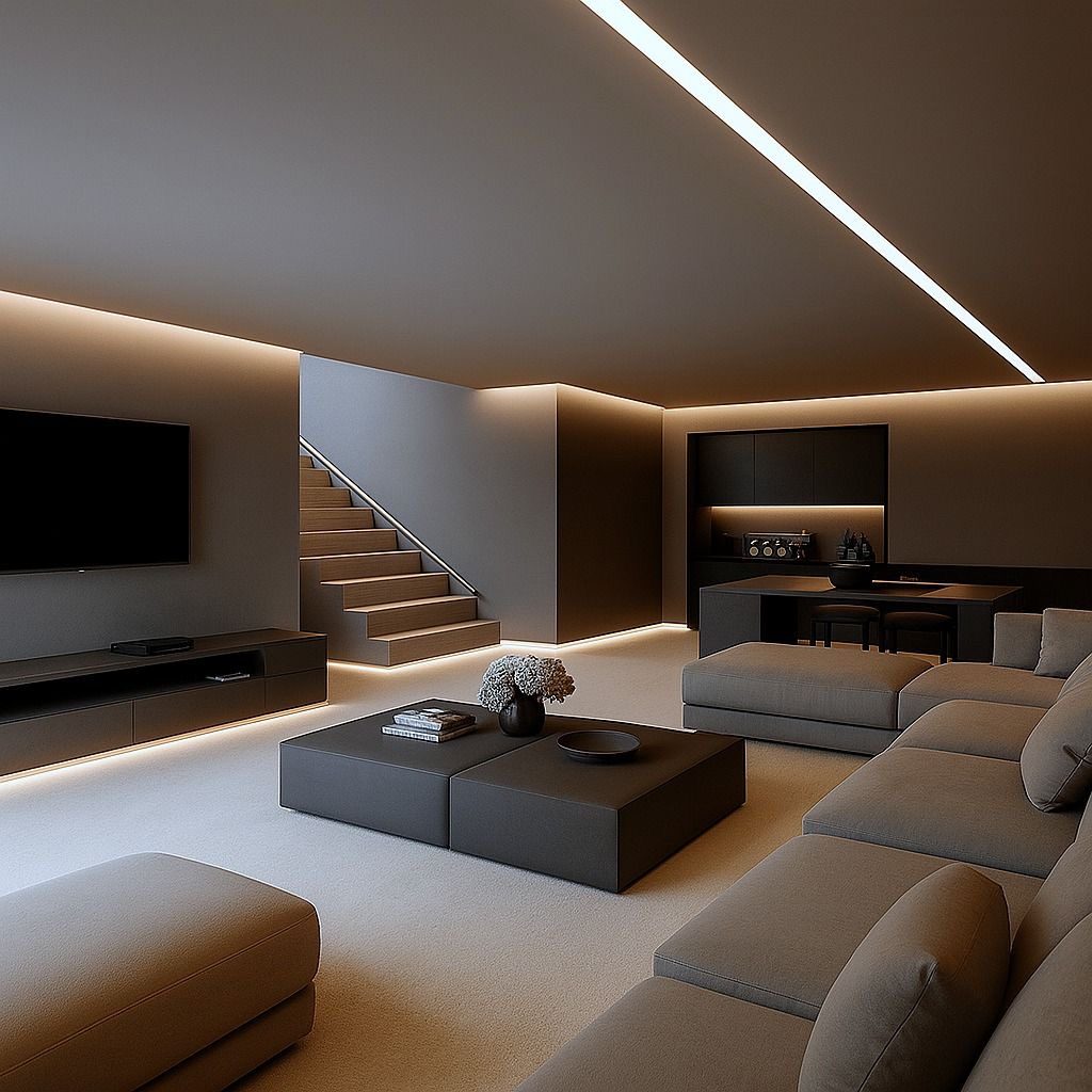 Salon TV à faux plafond à gorge et ligne LED, escalier bois
