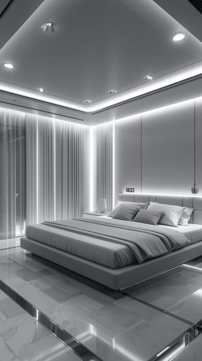 Chambre grise à lit suspendu et bandes LED verticales