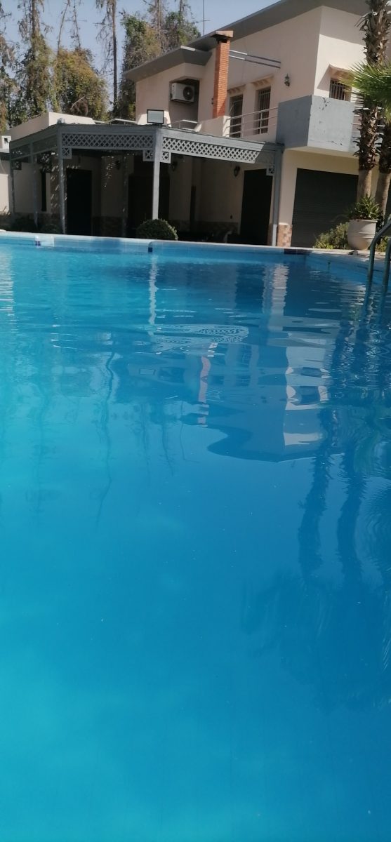 Piscine à eau bleue devant une villa à pergola grise