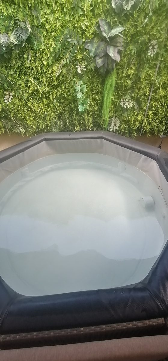 Spa gonflable octogonal devant un mur végétal