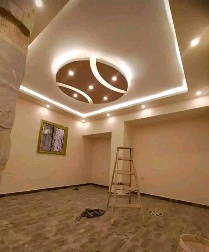 Séjour à faux plafond à décroché ovale bicolore et gorge LED