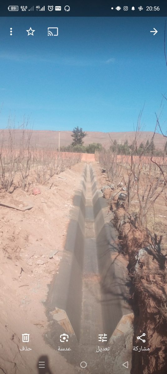 Canal d'irrigation en béton dans un verger