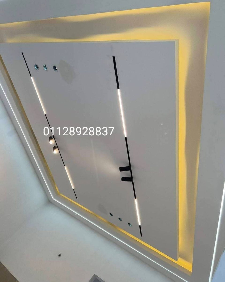 Faux plafond à lignes lumineuses LED et profilés noirs
