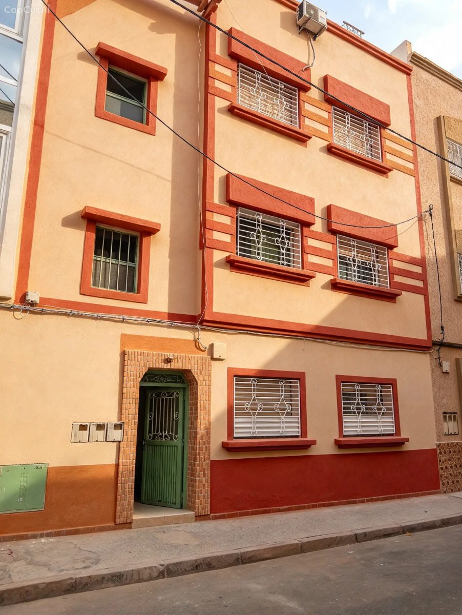 Façade de maison peinte en beige et rouge brique