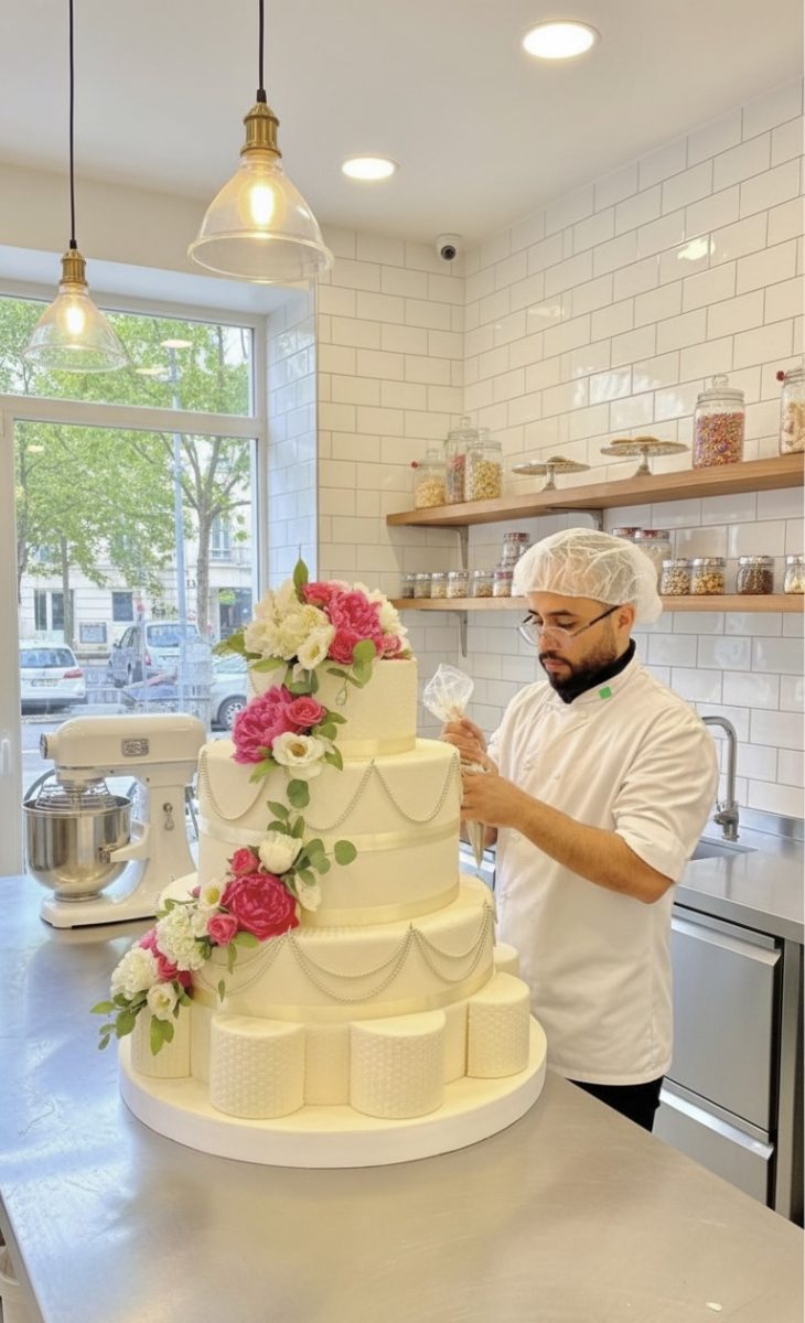Pâtissier posant des fleurs sur une pièce montée blanche