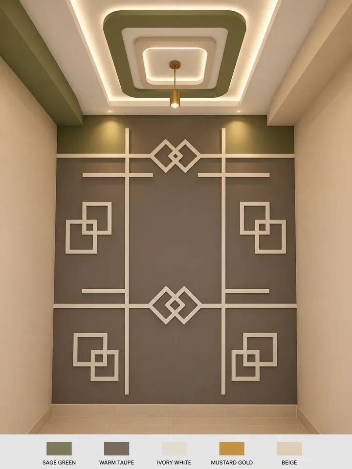 Plafond rétro-éclairé et mur taupe à moulures carrées