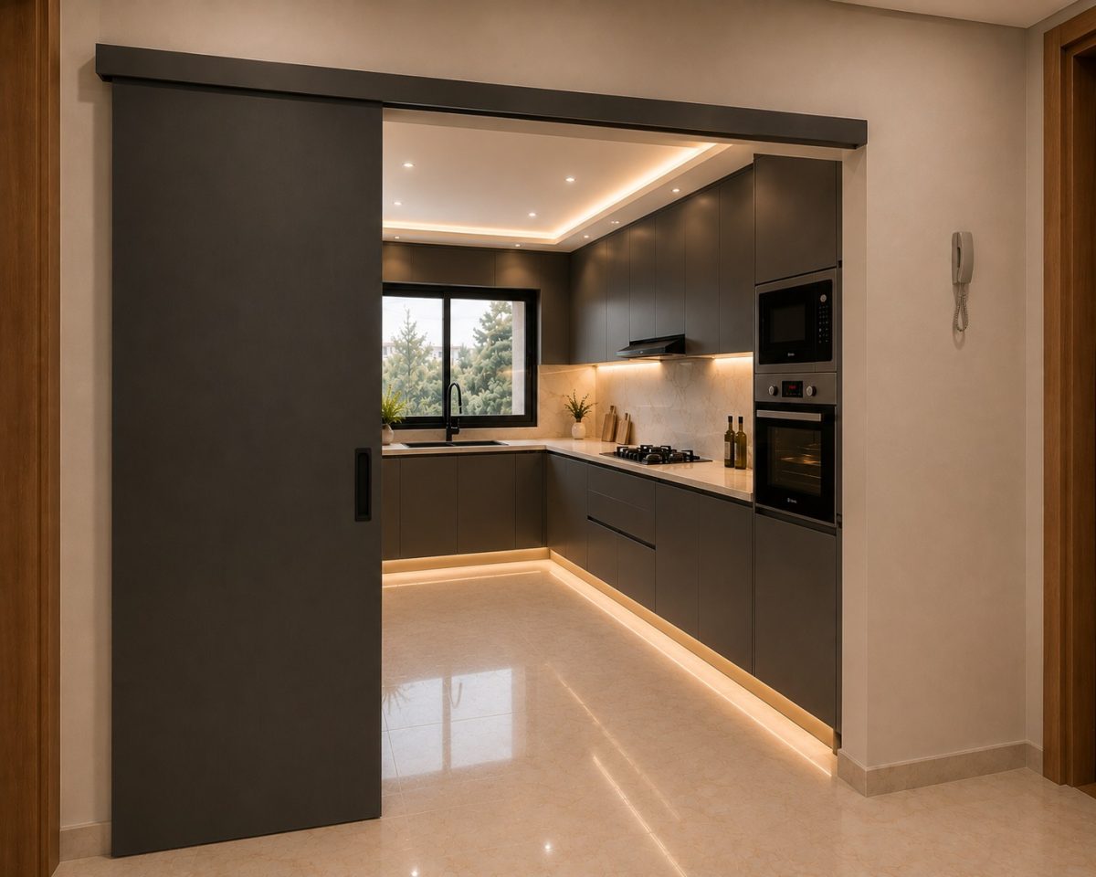 Kitchenette grise en U à porte coulissante anthracite