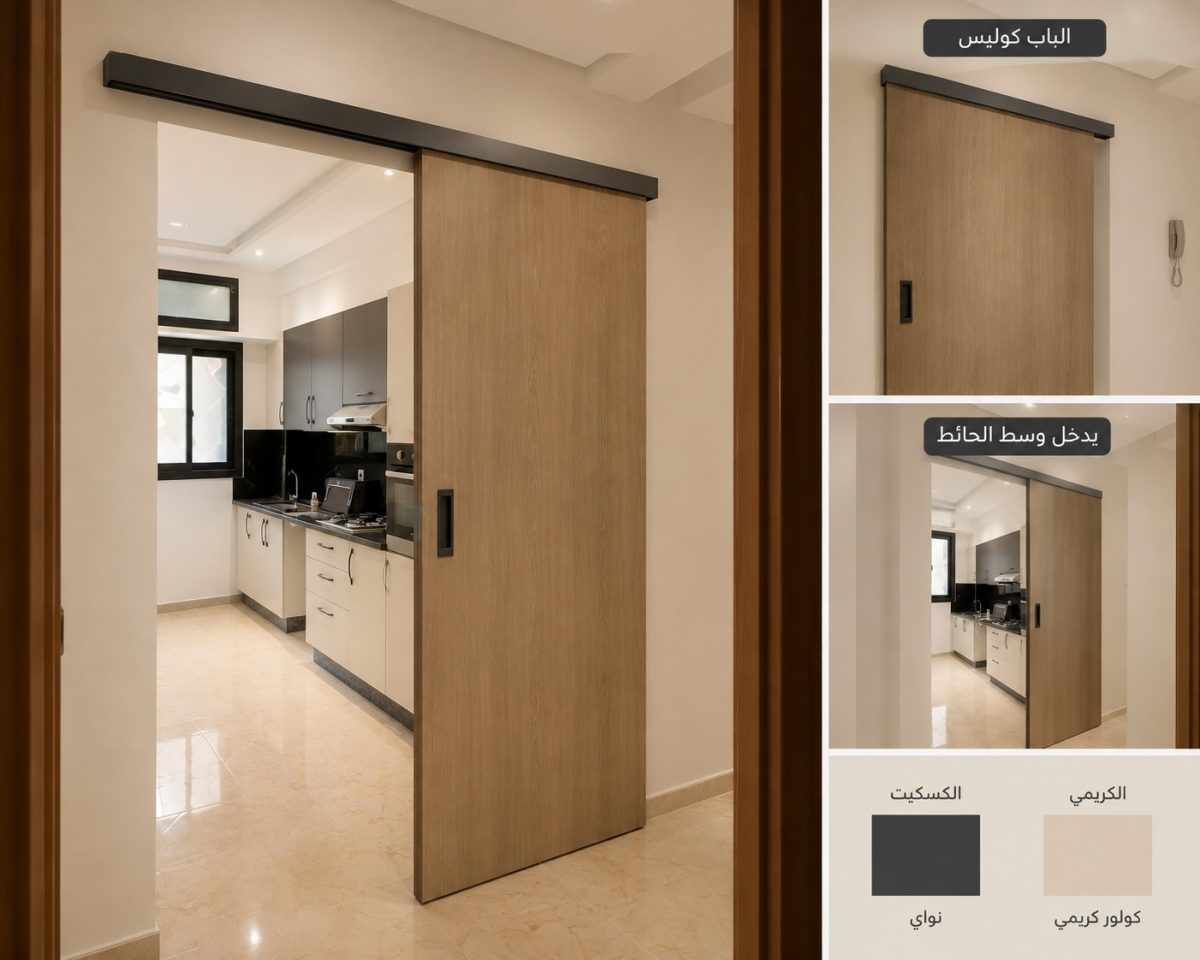 Illustration d'une porte coulissante en bois devant une kitchenette