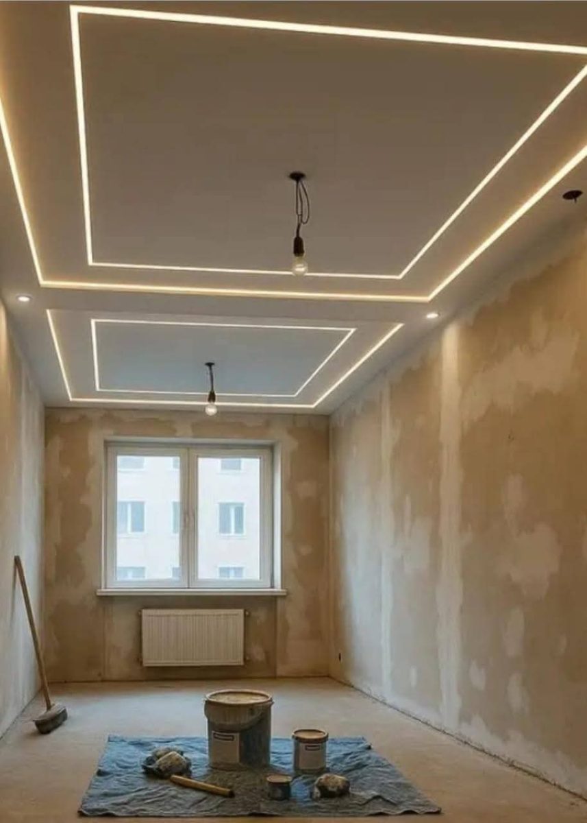 Faux plafond à double cadre à lignes lumineuses LED, en cours