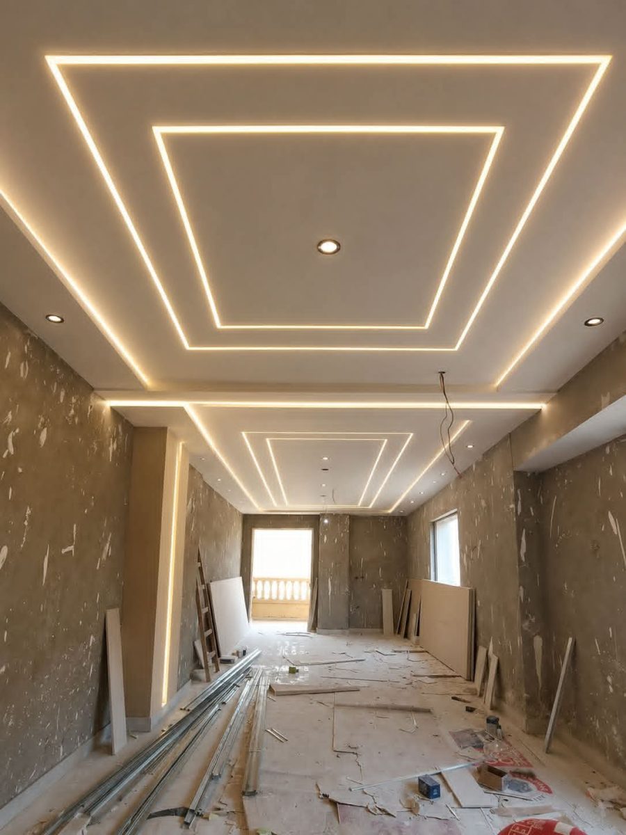 Faux plafond à lignes LED en chantier