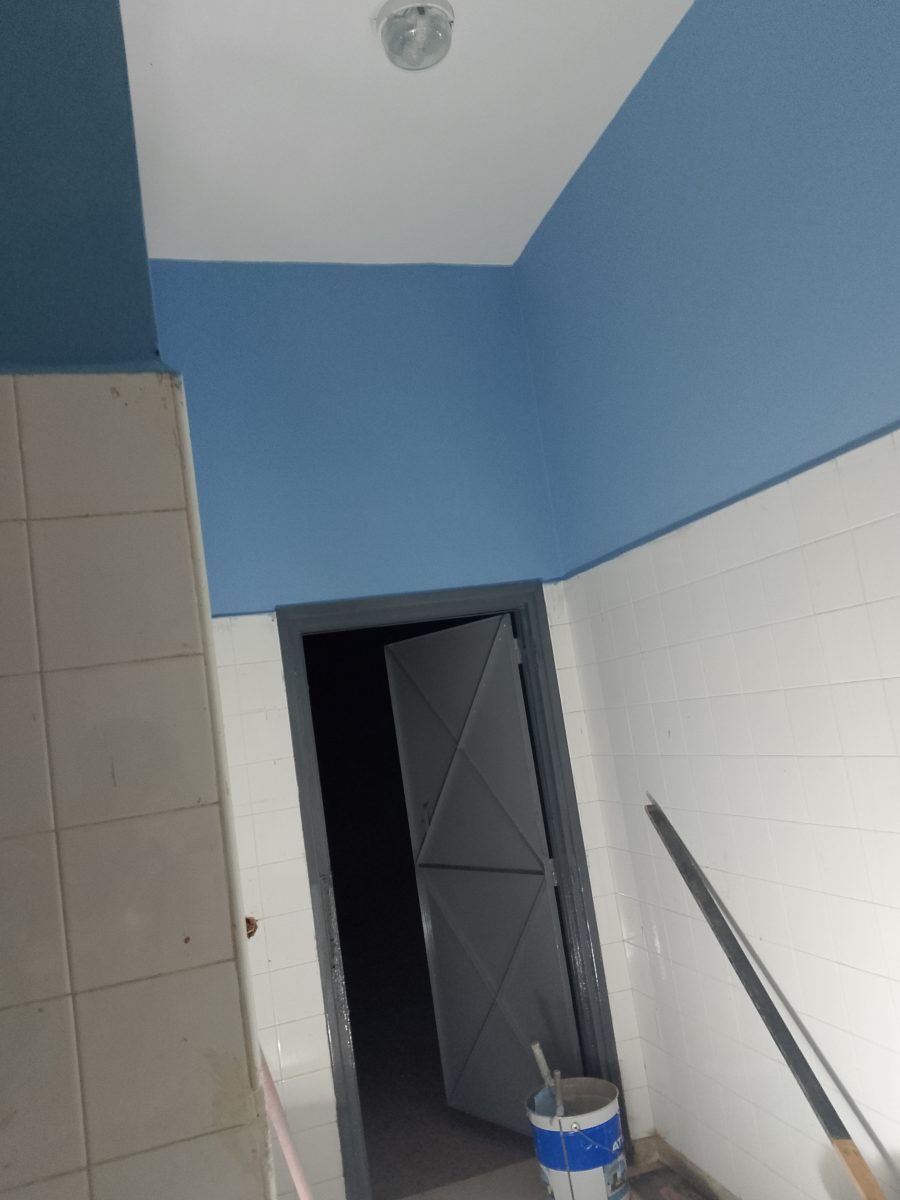Mur peint en bleu au-dessus de faïence