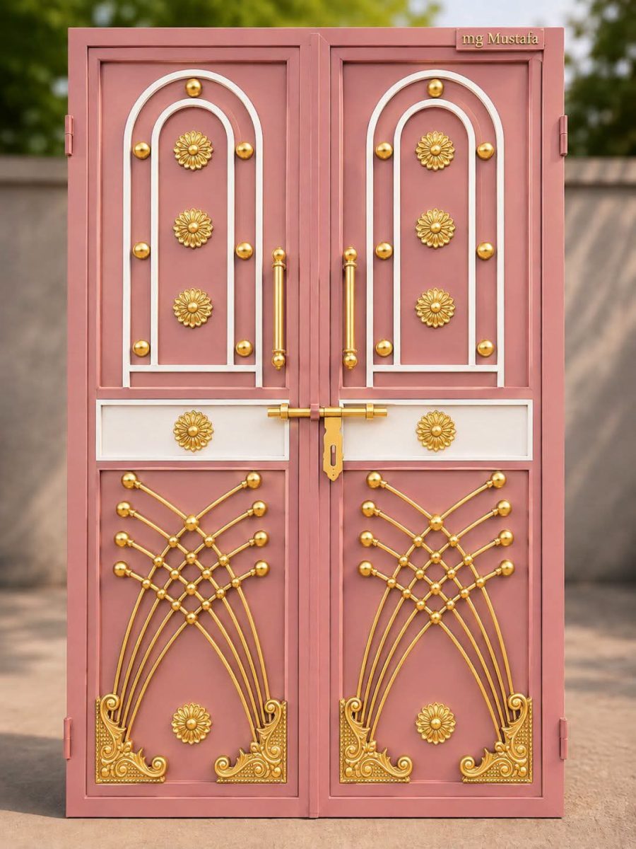 Porte double en acier rose à barreaux à billes en eventail