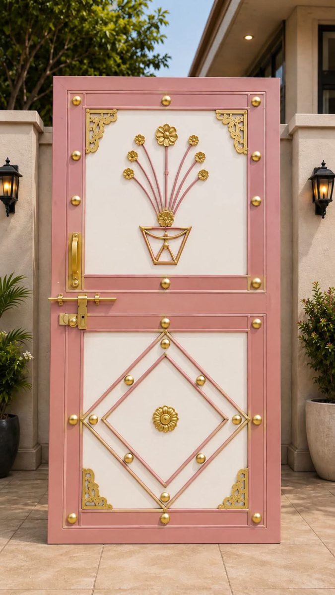 Porte en acier rose et crème à bouquet stylise doré
