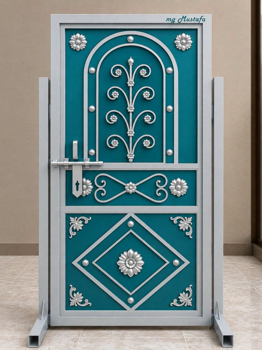 Porte double en acier turquoise à décor doré