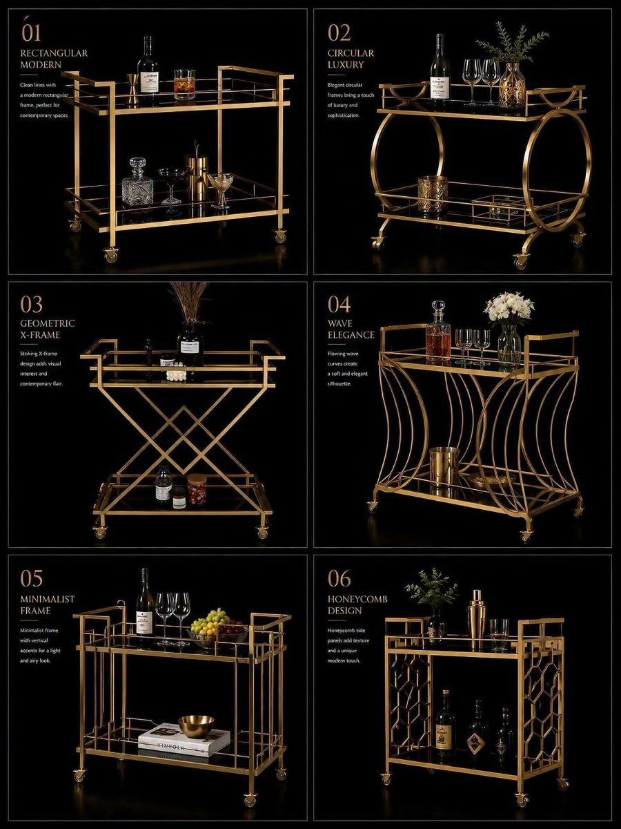 Planche de six modèles de dessertes en métal doré