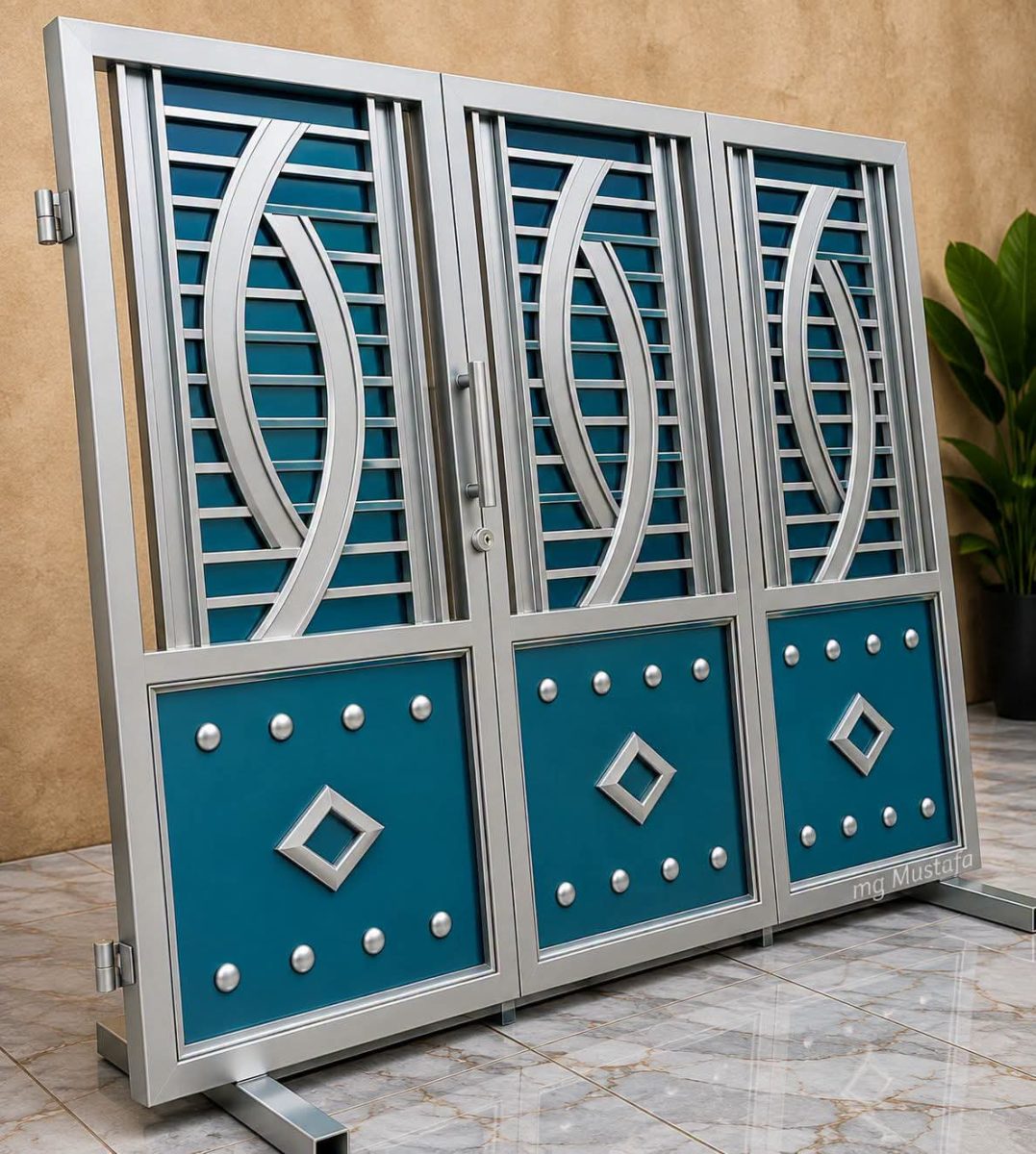 Porte double en aluminium gris et bleu à décor géométrique