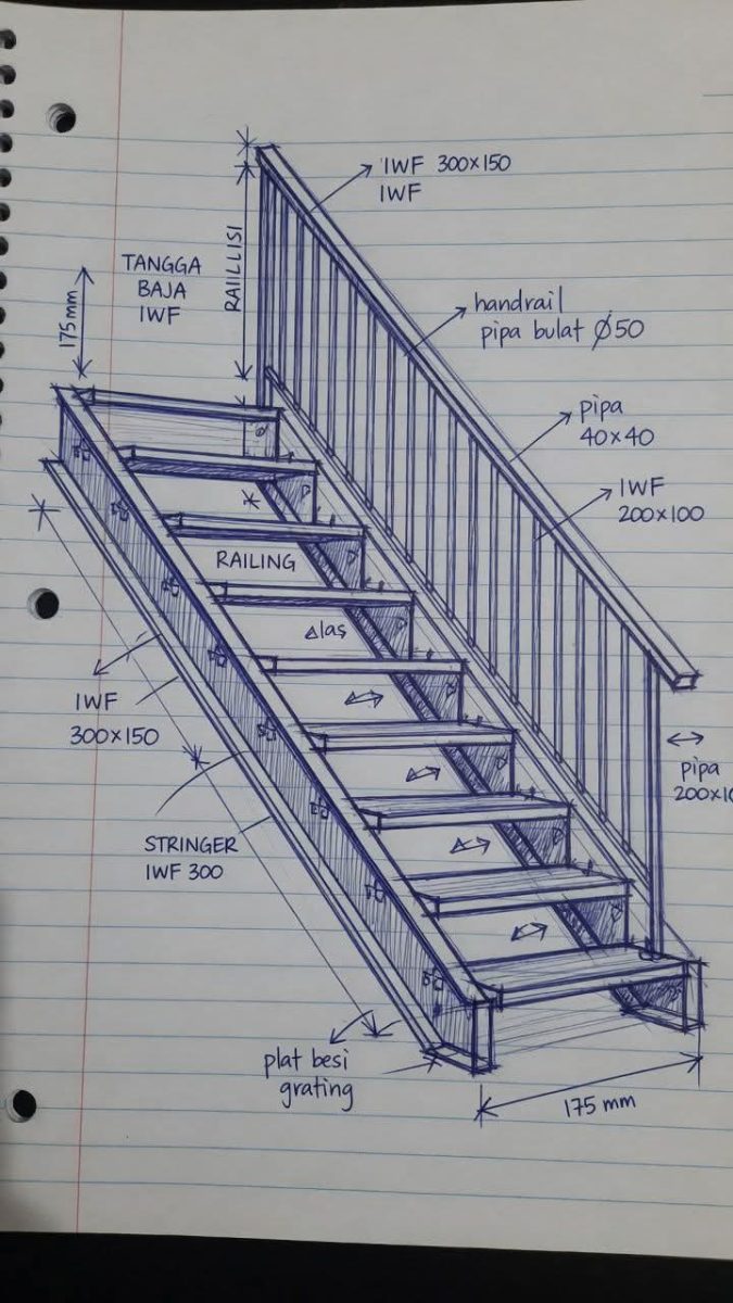 Croquis technique d'un escalier métallique côté