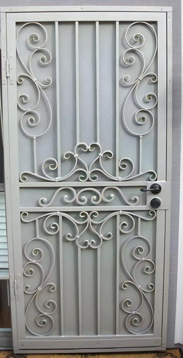 Porte de sécurité en aluminium gris à volutes