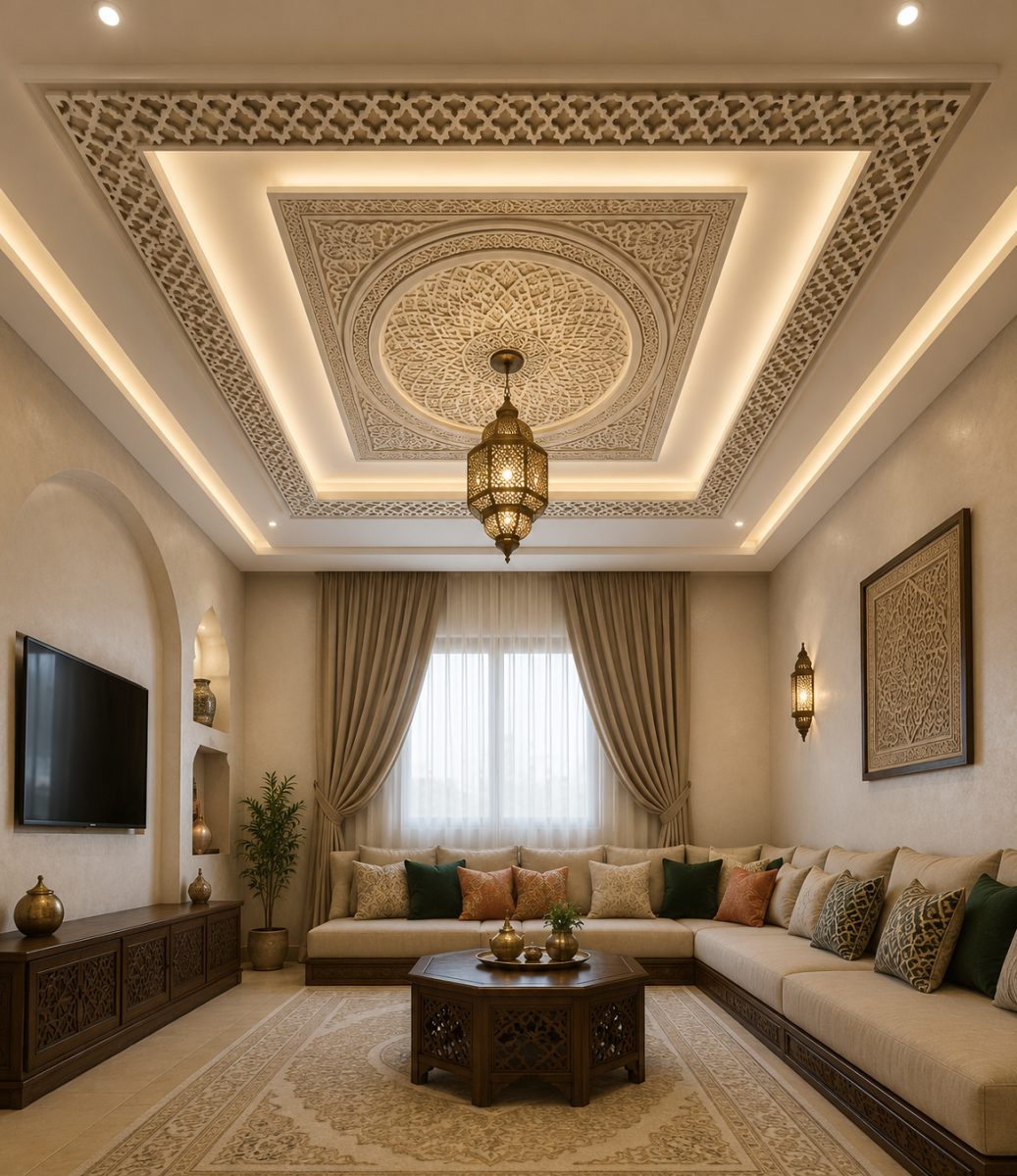 Salon avec plafond en plâtre sculpté