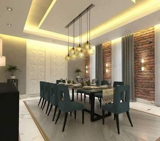 Salle à manger à faux plafond LED et suspensions