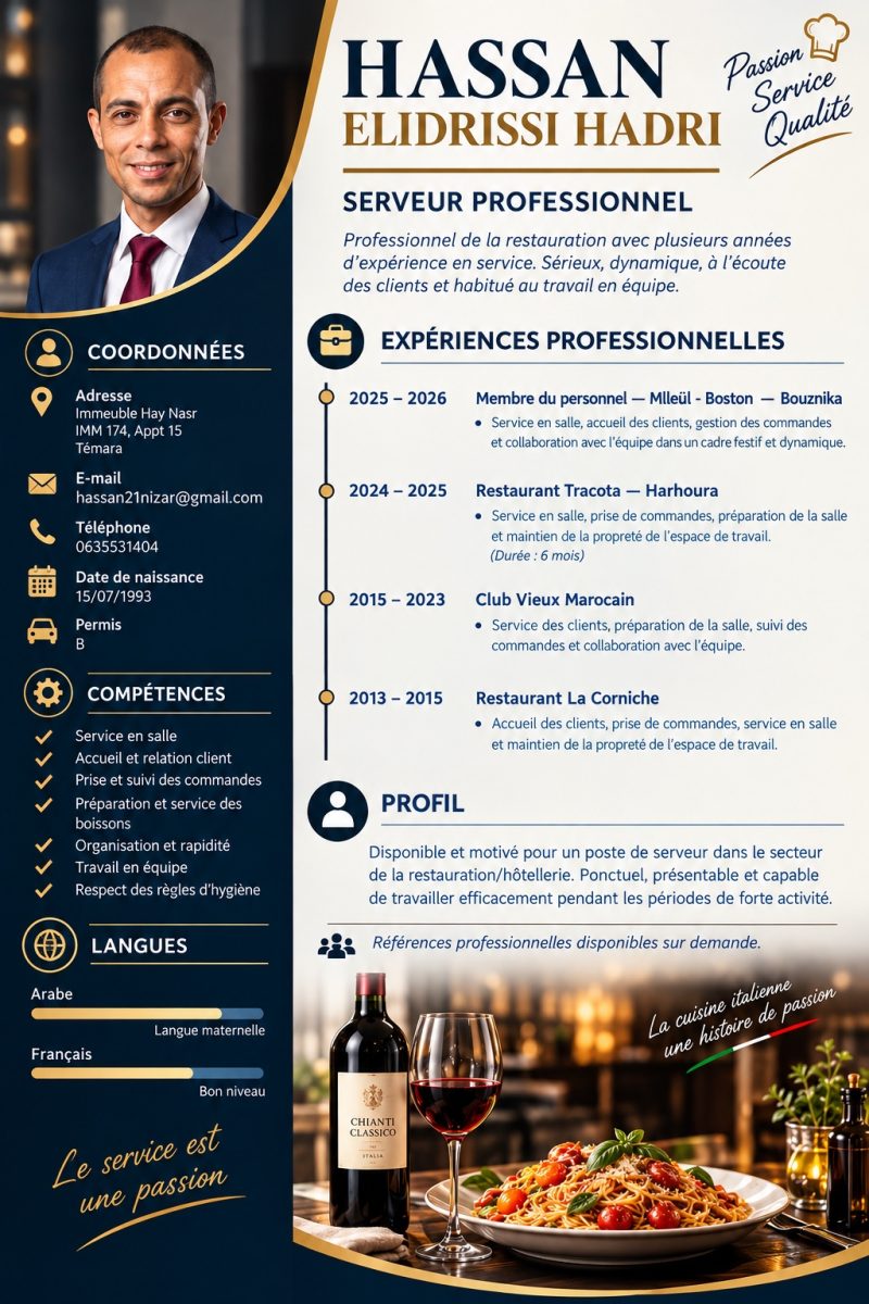 CV professionnel de serveur en restauration