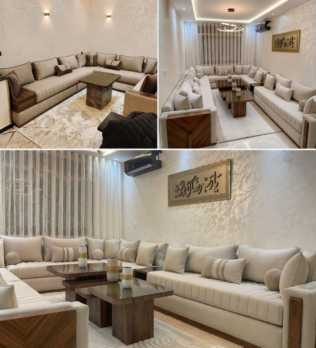 Salons marocains contemporains crème à accents bois