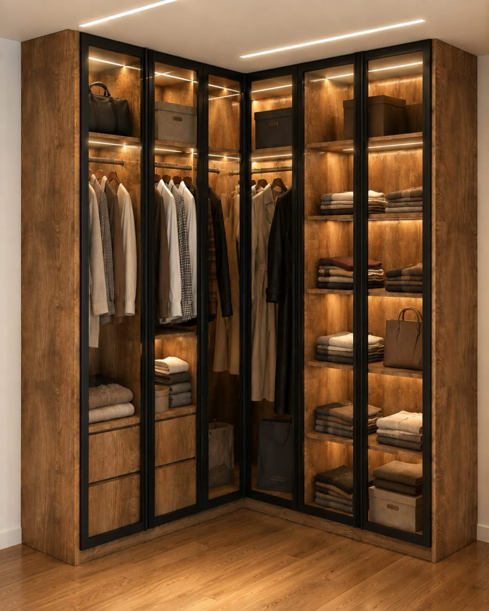 Rendu 3D d'un dressing d'angle à portes vitrées