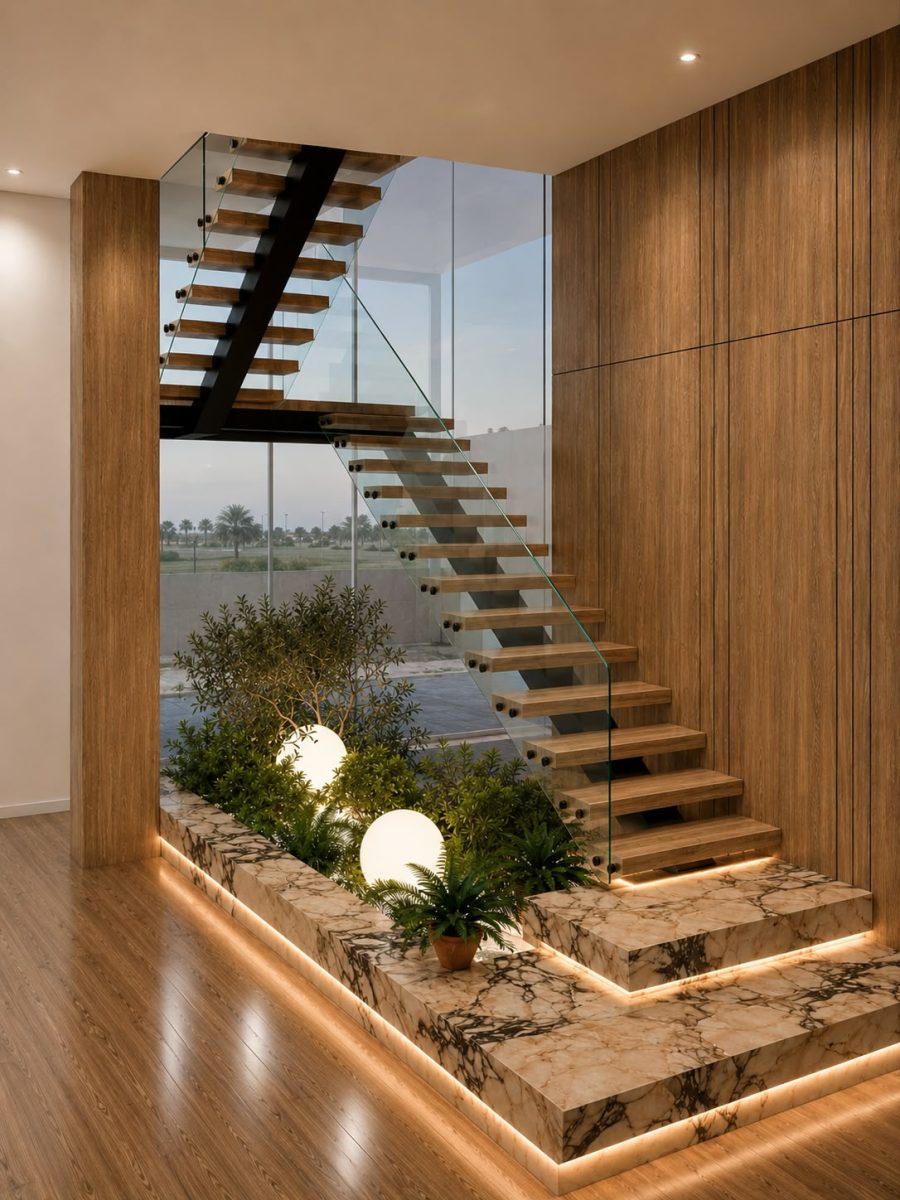 Rendu 3D d'un escalier suspendu en bois et verre
