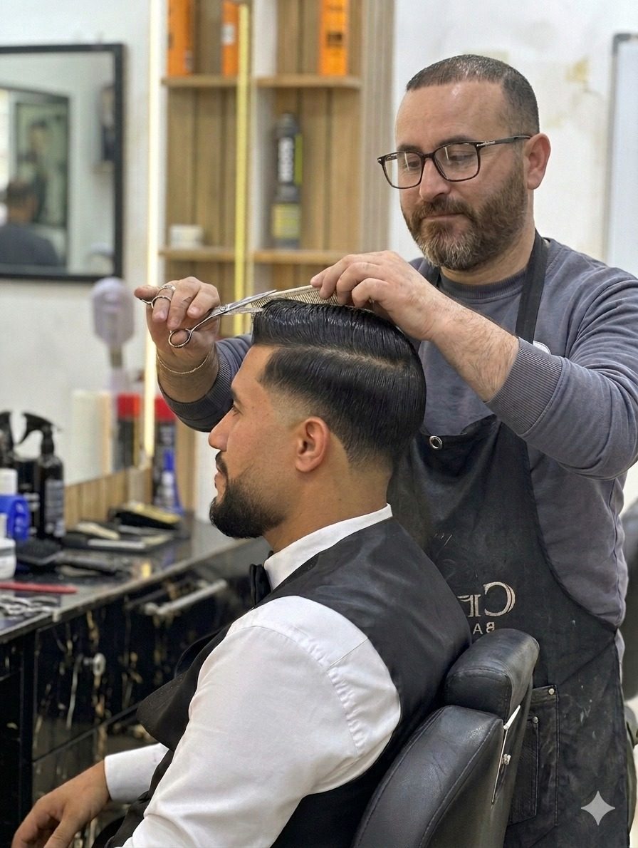 Coiffeur coupant les cheveux d'un client aux ciseaux