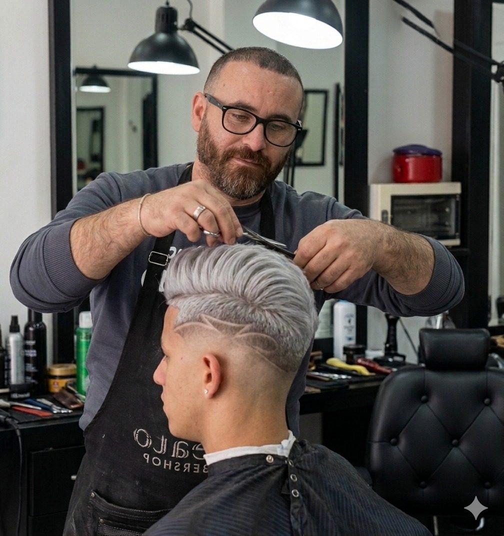 Coiffeur travaillant une coupe texturée gris argenté
