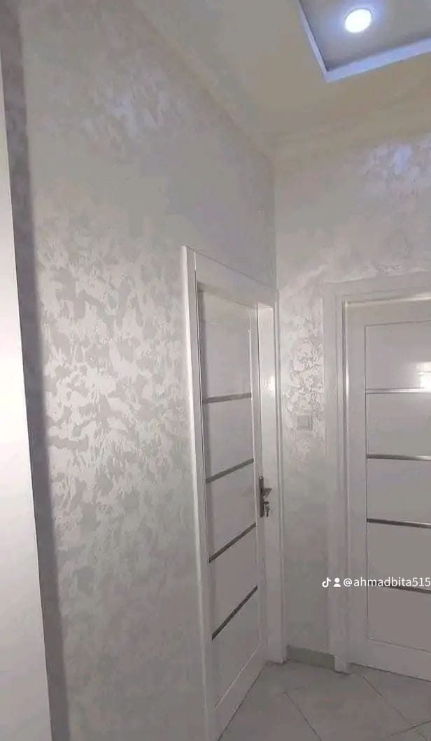 Couloir en enduit décoratif nacré blanc à portes laquées