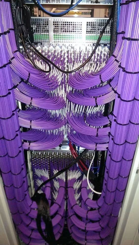 Baie informatique à câblage réseau violet peigné
